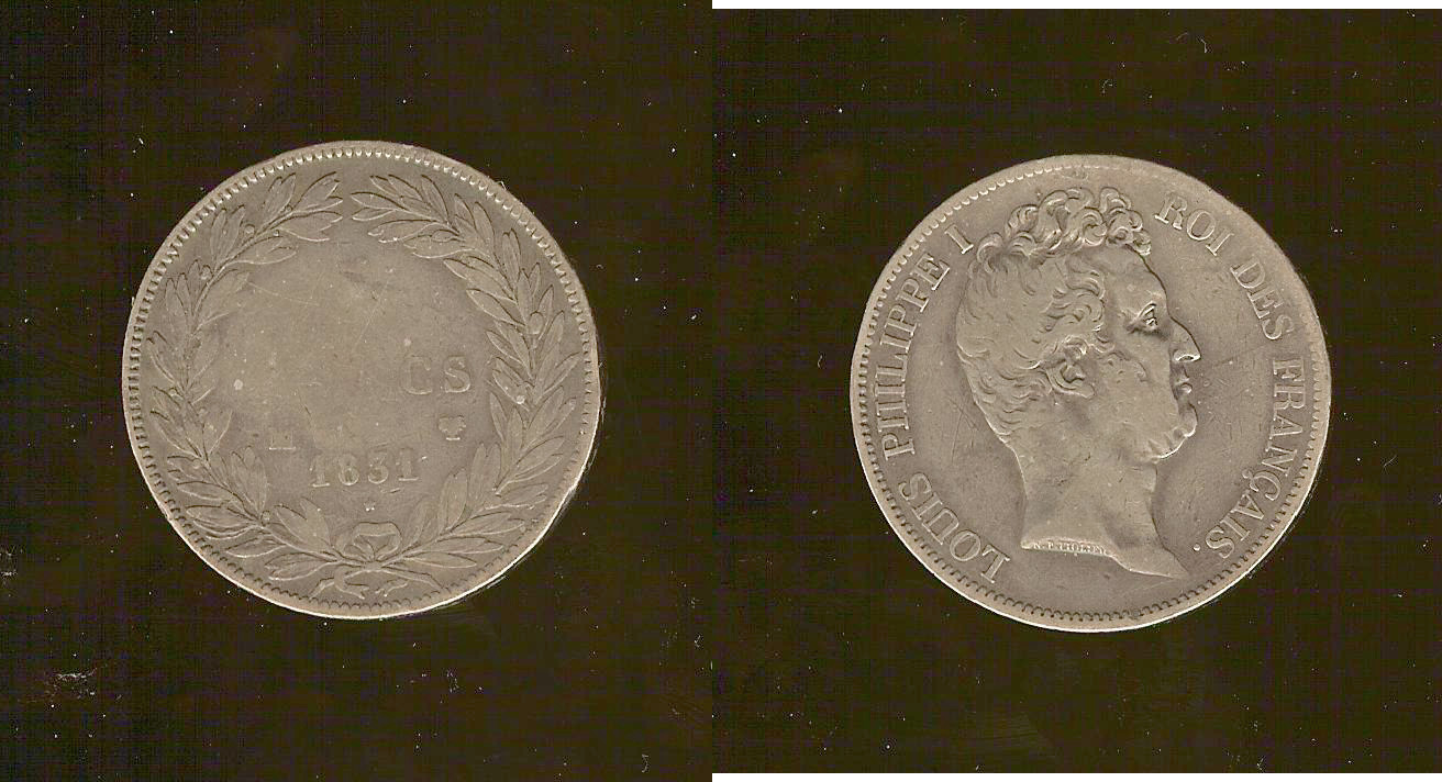 5 francs type Tiolier avec le I, tranche en creux 1831MA  TB+